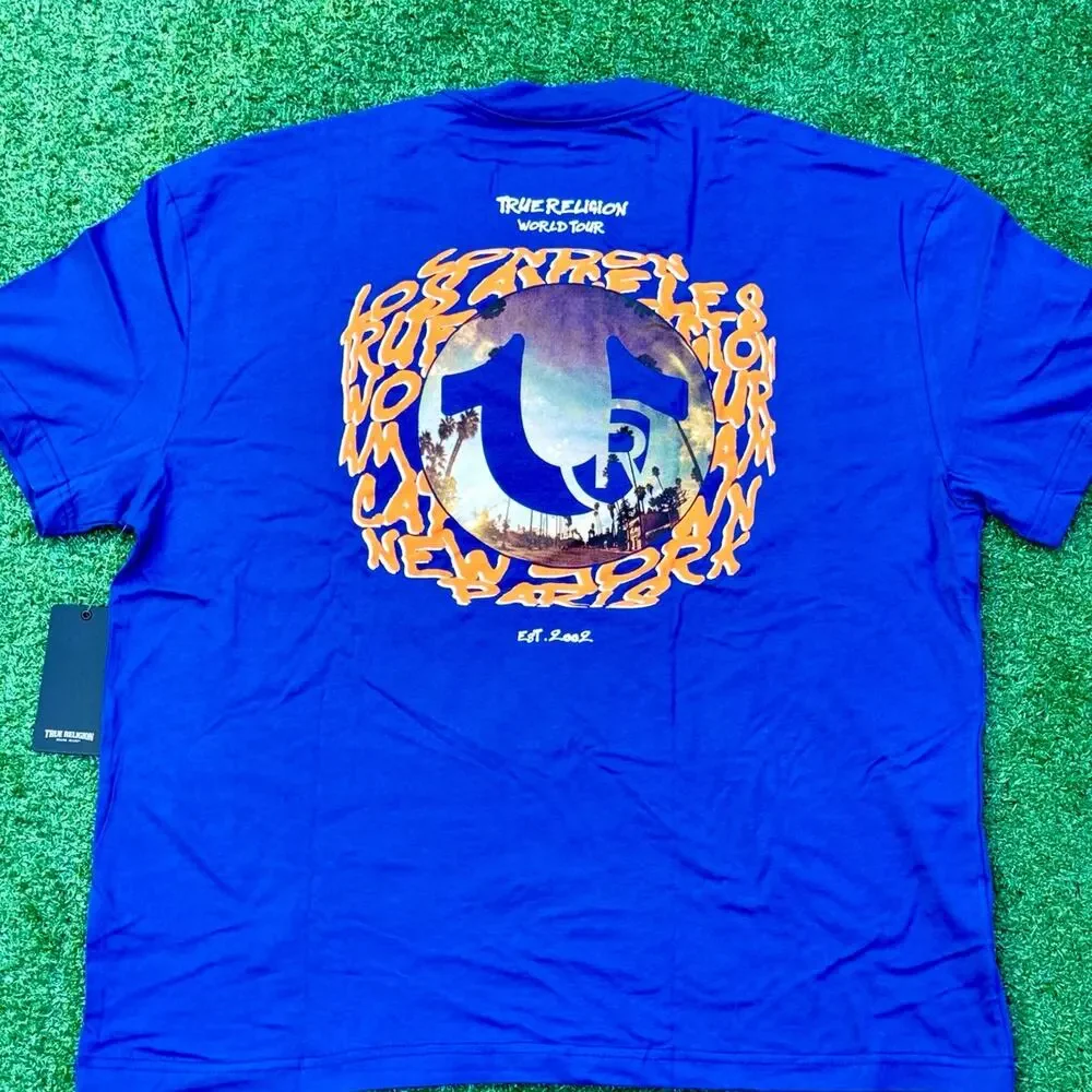 True Religion World Tour T Shirt Mazarine Blue Shirt SS Fish Eye City Tee RARE